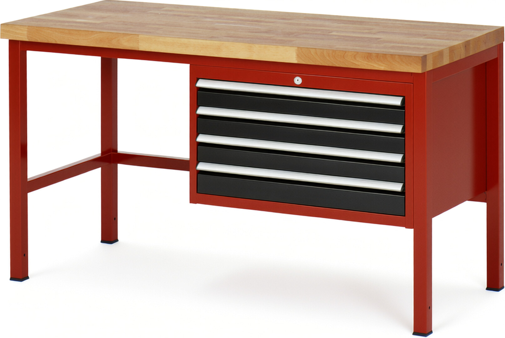 Werkbank Modell 8233 rot - schwarz, BxTxH 1500x700x840 mm,  Buche-Massiv Arbeitsplatte 40 mm,  4 Schubladen mit  Auszug 90 %