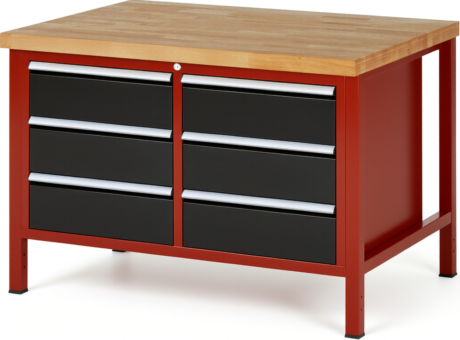 Werkbank Modell 8473 rot - schwarz, BxTxH 1250x900x840-1040 mm,  Buche-Massiv Arbeitsplatte 40 mm,  6 Schubladen mit  Auszug 90 %