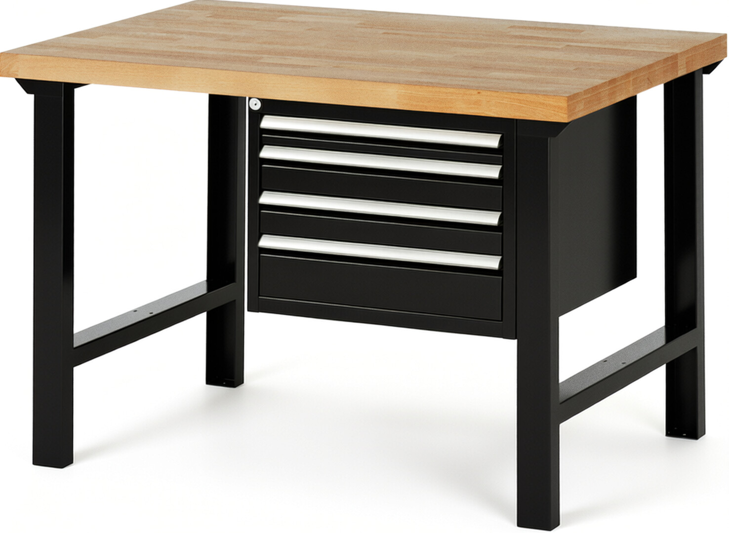 Werkbank Modell 7132 schwarz, BxTxH 1250x900x840 mm,  Buche-Massiv Arbeitsplatte 40 mm,  4 Schubladen mit  Auszug 90 %
