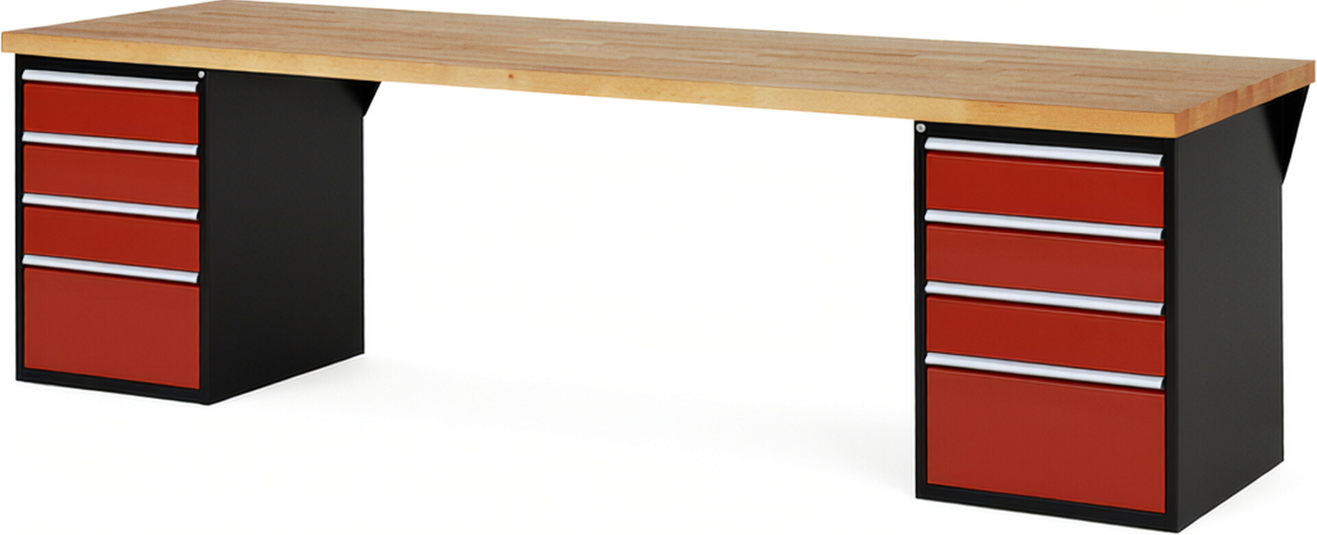RAU Werkbank schwarz - rot - Breite 300 cm - Tiefe 90 cm - Höhe 89 cm - Buche-Massiv Arbeitsplatte 40 mm