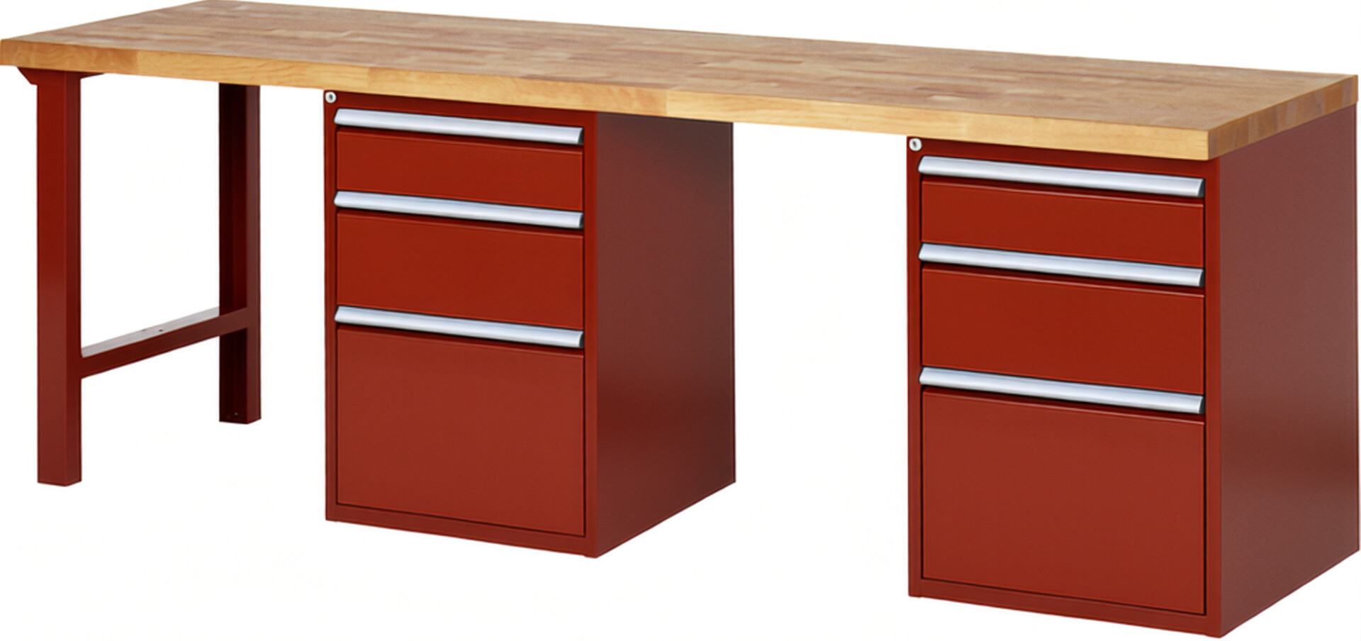 Werkbank Modell 7508 rot, BxTxH 2500x700x890 mm,  Buche-Massiv Arbeitsplatte 40 mm,  6 Schubladen mit  Vollauszug 100 % und  SoftClosing