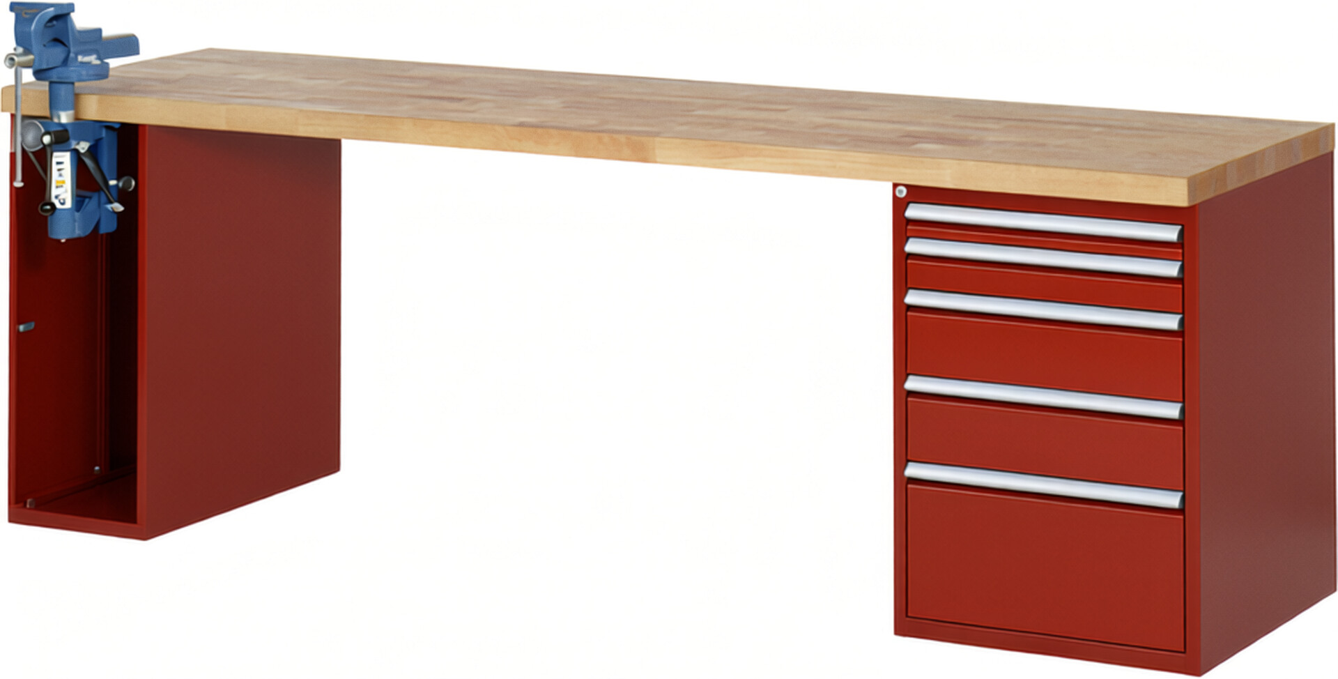 Werkbank Modell 7511 rot, BxTxH 2500x700x890 mm,  Buche-Massiv Arbeitsplatte 40 mm,  5 Schubladen mit  Auszug 90 %
