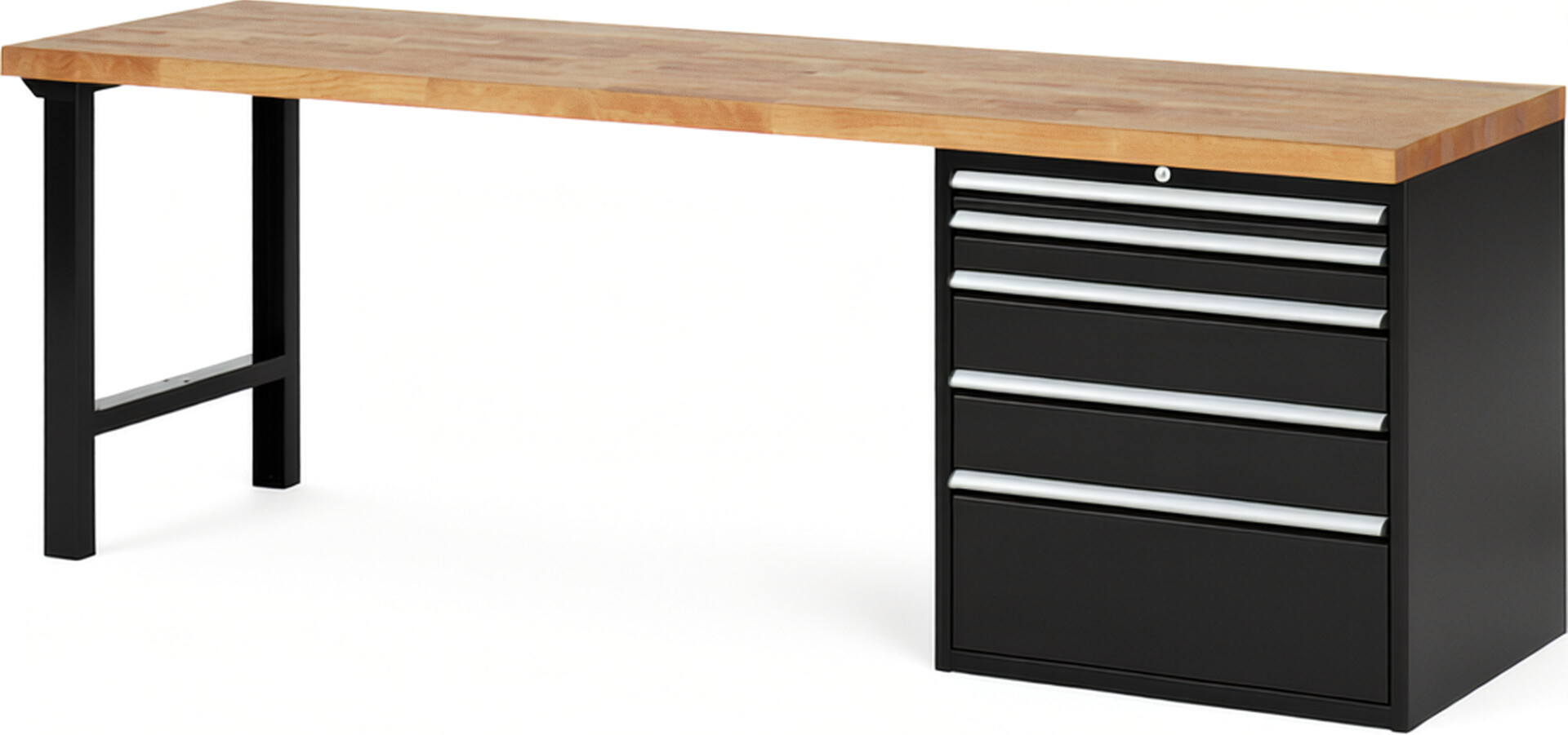 Werkbank Modell 7611 schwarz, BxTxH 2500x700x890 mm,  Buche-Massiv Arbeitsplatte 40 mm,  5 Schubladen mit  Vollauszug 100 % und  SoftClosing