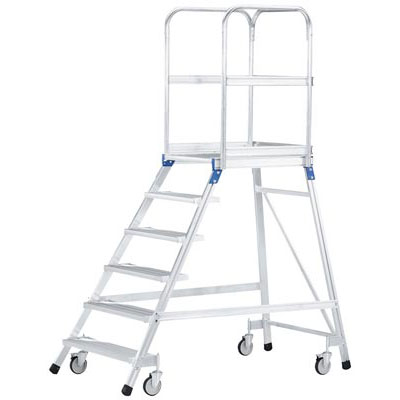 Podesttreppe fahrbar, einseitig begehbar, Podestgröße 600x800 mm, 6 Stufen inkl. Plattform, Standhöhe 1440 mm, Gewicht 38,4 kg