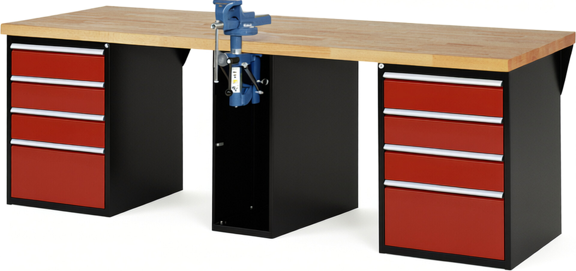 RAU Werkbank schwarz - rot - Breite 250 cm - Tiefe 90 cm - Höhe 89 cm - Buche-Massiv Arbeitsplatte 40 mm