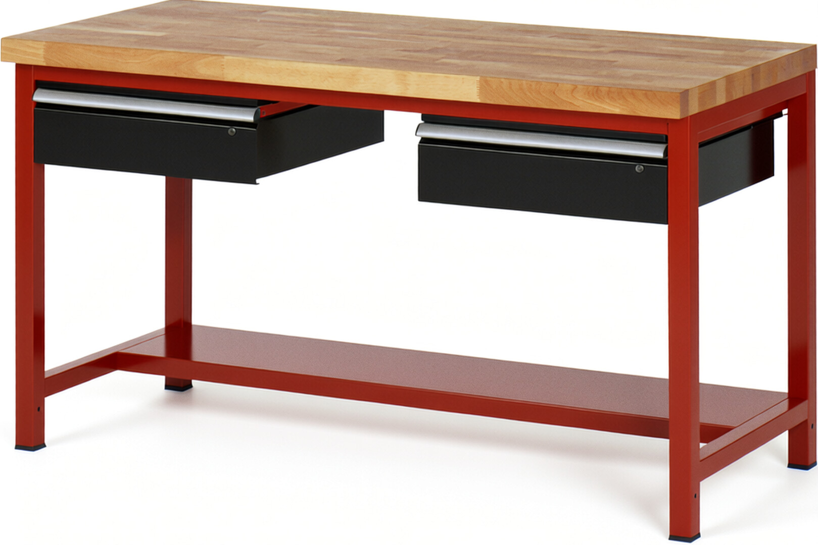 Werkbank Modell 8002 rot - schwarz, BxTxH 1500x700x840 mm,  Buche-Massiv Arbeitsplatte 40 mm,  2 Schubladen mit  Auszug 90 %