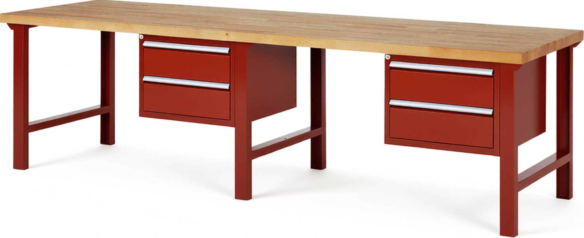 Werkbank Modell 7125 rot, BxTxH 3000x900x840 mm,  Buche-Massiv Arbeitsplatte 40 mm,  4 Schubladen mit  Auszug 90 %