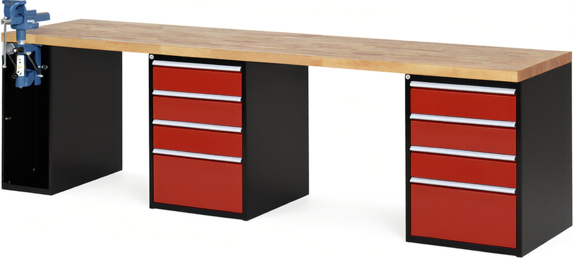 Werkbank Modell 7510 schwarz-rot, BxTxH 3000x700x890 mm,  Buche-Massiv Arbeitsplatte 40 mm,  8 Schubladen mit  Auszug 90 %