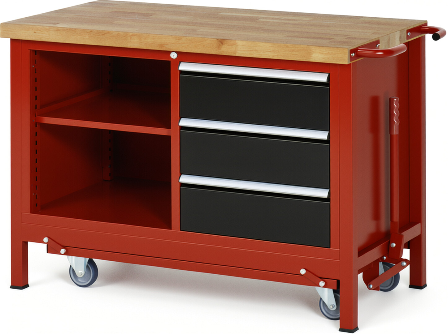 Absenkbare Werkbank Modell 8462 rot - schwarz, BxTxH 1250x700x880 mm,  Buche-Massiv Arbeitsplatte 40 mm,  3 Schubladen mit  Vollauszug 100 % und  SoftClosing
