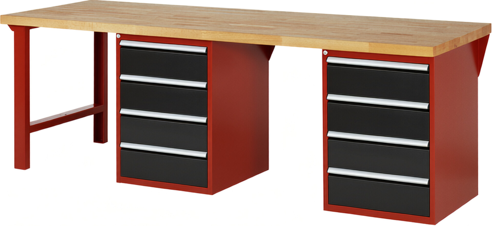 Werkbank Modell 7509 rot - schwarz, BxTxH 2500x900x890 mm,  Buche-Massiv Arbeitsplatte 40 mm,  8 Schubladen mit  Vollauszug 100 % und  SoftClosing