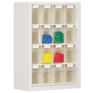 Kleinteilemagazin - Hängeschrank, BxTxH 665x250x910 mm, 16 Kästen, 16xGr. 4, RAL 7035 lichtgrau