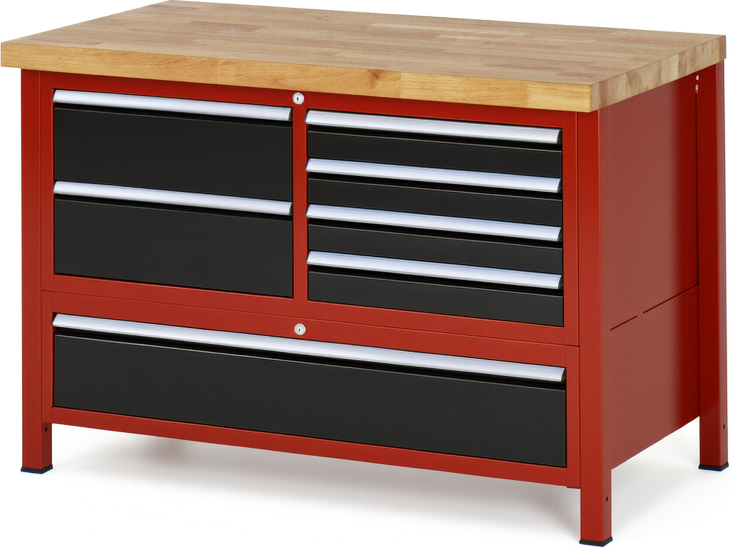 Werkbank Modell 8931 rot - schwarz, BxTxH 1250x700x840 mm,  Buche-Massiv Arbeitsplatte 40 mm,  7 Schubladen mit  Auszug 90 %