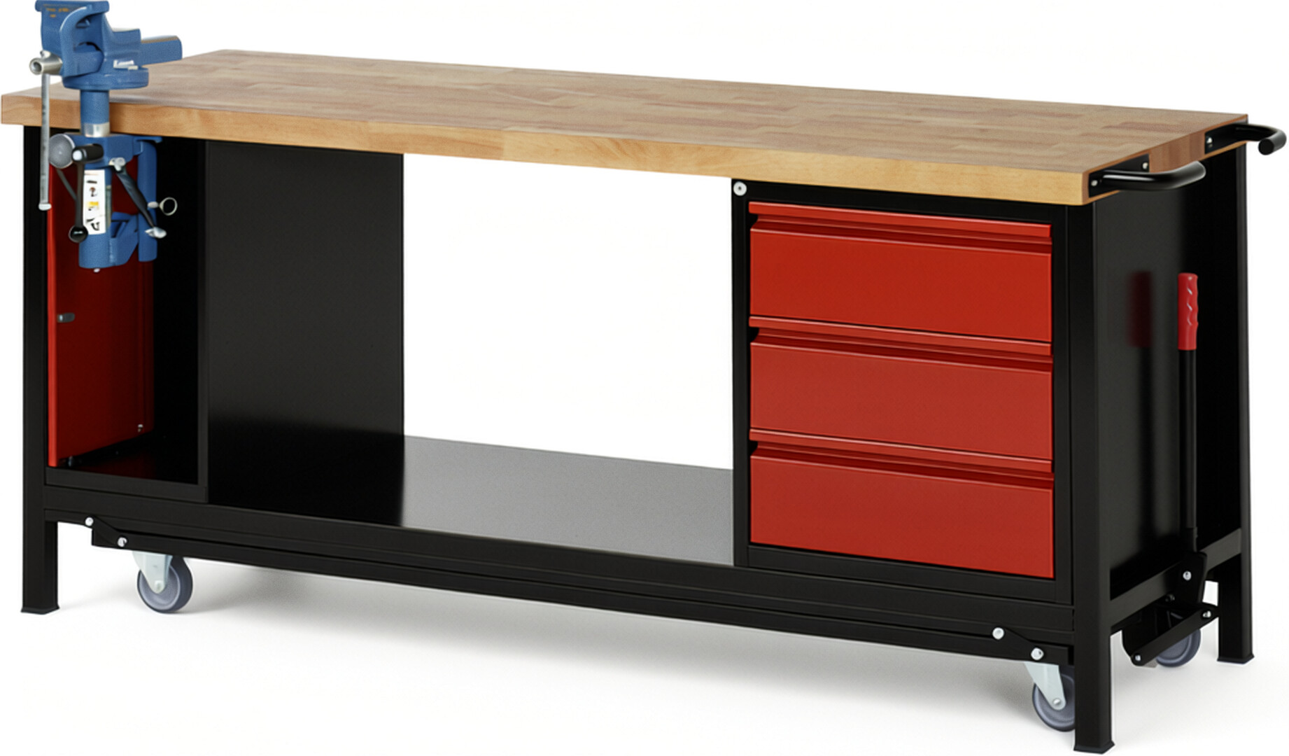 RAU Werkbank schwarz - rot - Breite 200 cm - Tiefe 70 cm - Höhe 88 cm - Buche-Massiv Arbeitsplatte 40 mm