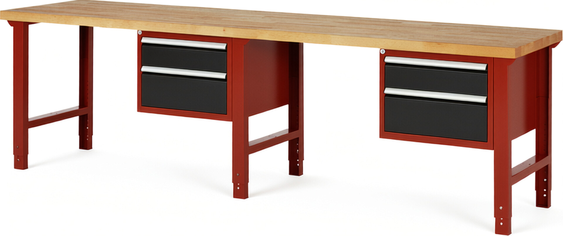 Werkbank Modell 7123 rot - schwarz, BxTxH 3000x700x790-1140 mm,  Buche-Massiv Arbeitsplatte 40 mm,  4 Schubladen mit  Auszug 90 %
