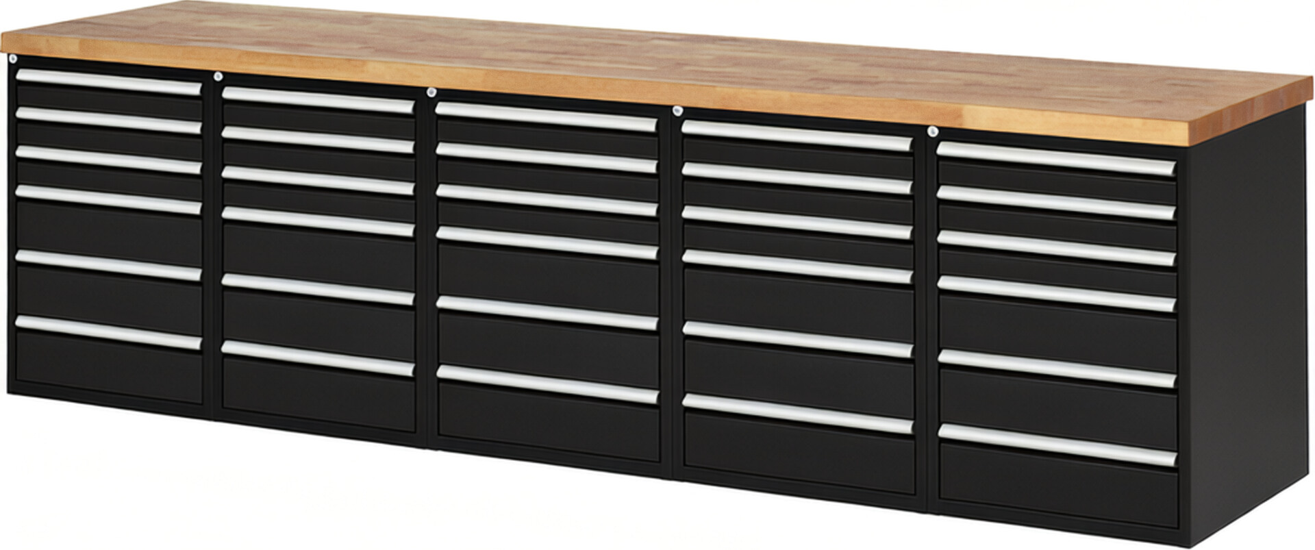 Werkbank Modell 7515 schwarz, BxTxH 3000x700x890 mm,  Buche-Massiv Arbeitsplatte 40 mm,  30 Schubladen mit  Auszug 90 %