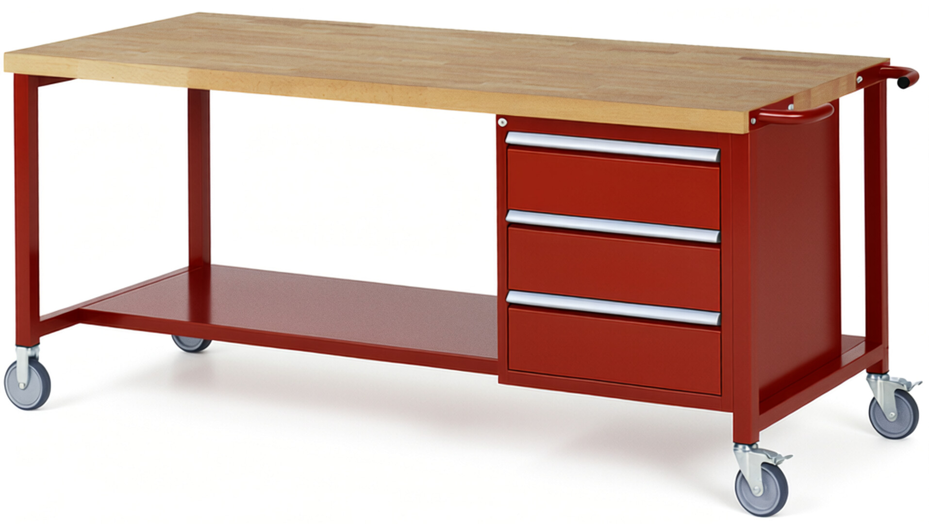 Fahrbare Werkbank Modell 8157 rot, BxTxH 2000x900x880-1080 mm,  Buche-Massiv Arbeitsplatte 40 mm,  3 Schubladen mit  Auszug 90 %