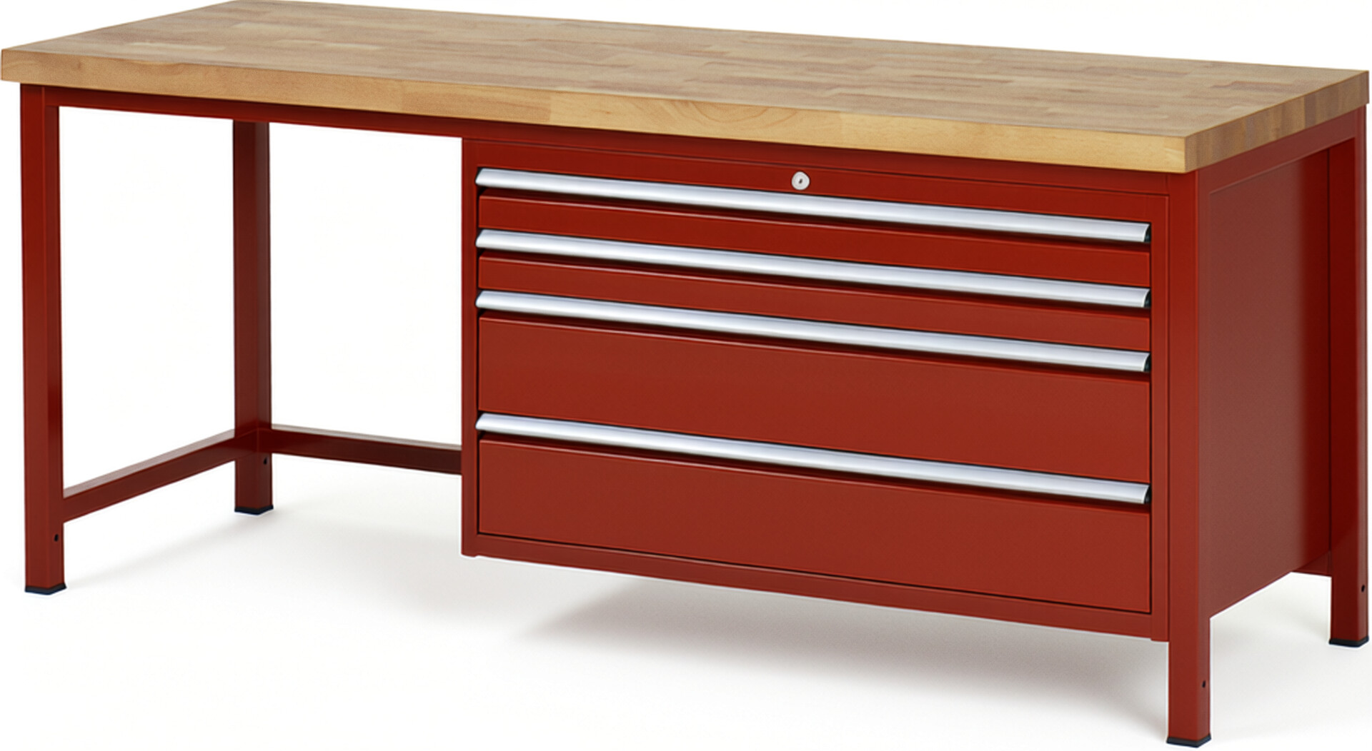 Werkbank Modell 8361 rot, BxTxH 2000x700x840-1040 mm,  Buche-Massiv Arbeitsplatte 40 mm,  4 Schubladen mit  Auszug 90 %