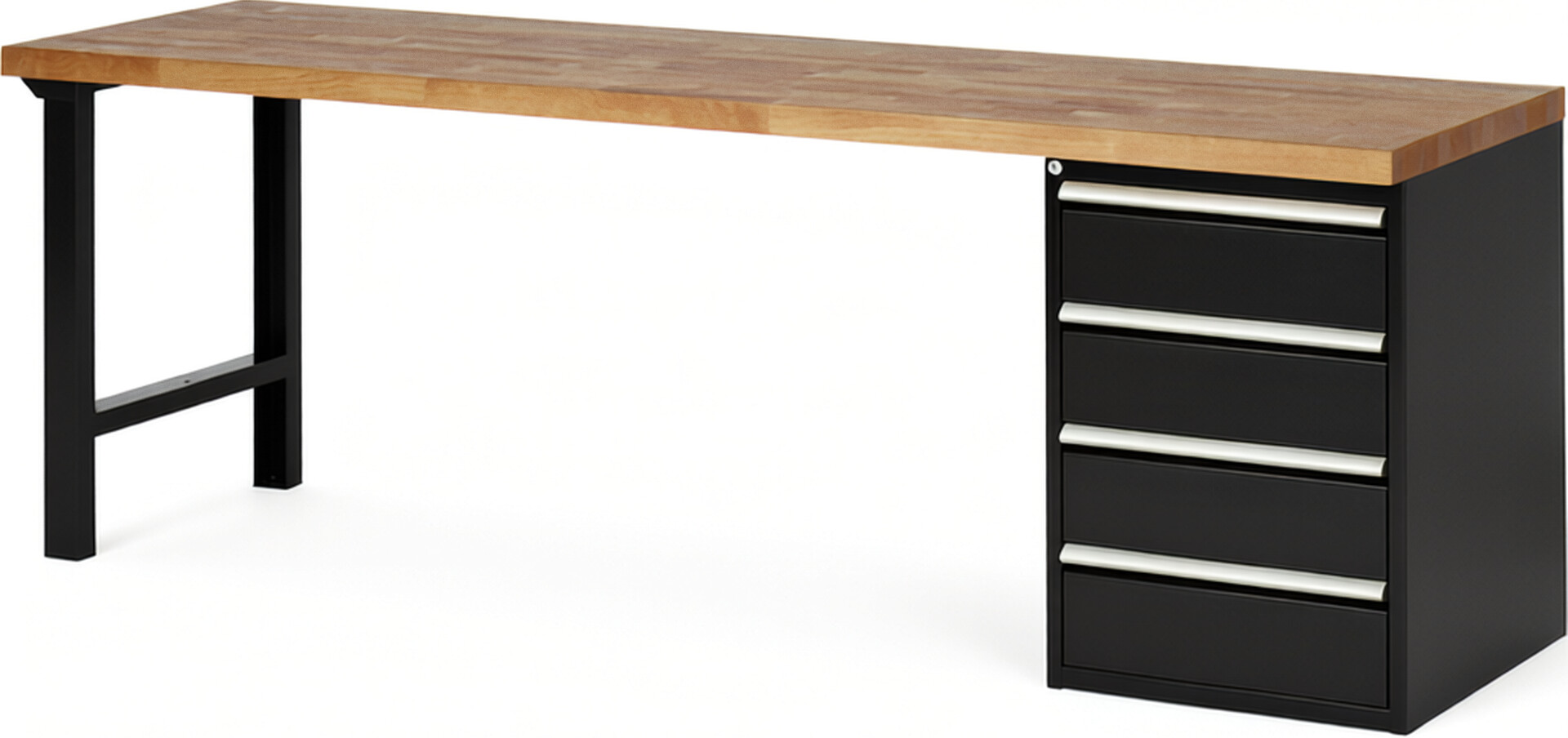 Werkbank Modell 7509 schwarz, BxTxH 2500x700x890 mm,  Buche-Massiv Arbeitsplatte 40 mm,  4 Schubladen mit  Vollauszug 100 % und  SoftClosing