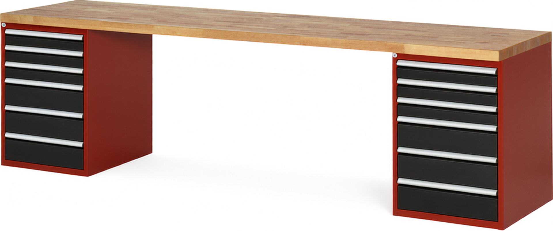 Werkbank Modell 7515 rot - schwarz, BxTxH 3000x700x890 mm,  Buche-Massiv Arbeitsplatte 40 mm,  12 Schubladen mit  Auszug 90 %