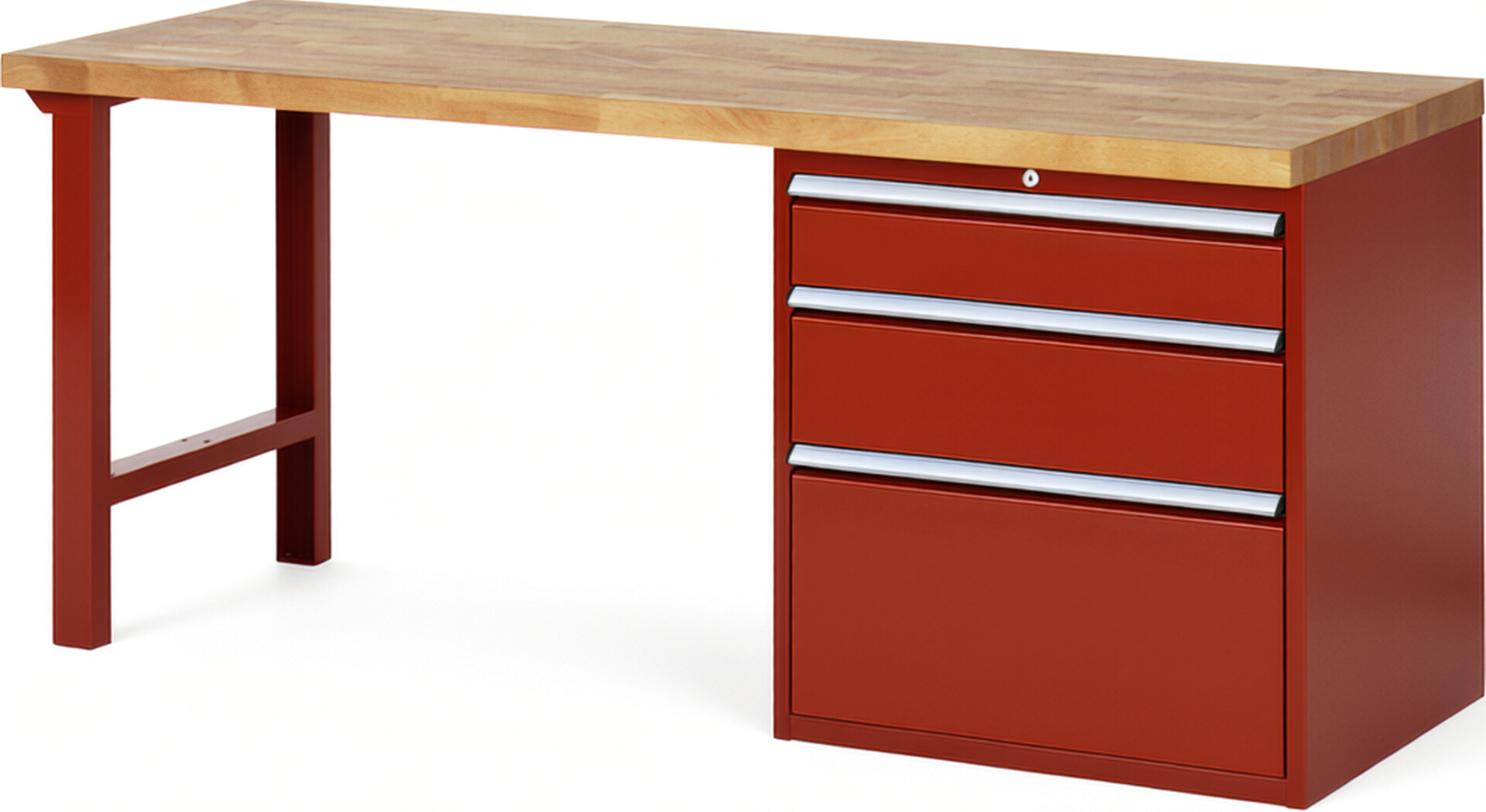 Werkbank Modell 7608 rot, BxTxH 2000x700x890 mm,  Buche-Massiv Arbeitsplatte 40 mm,  3 Schubladen mit  Vollauszug 100 % und  SoftClosing