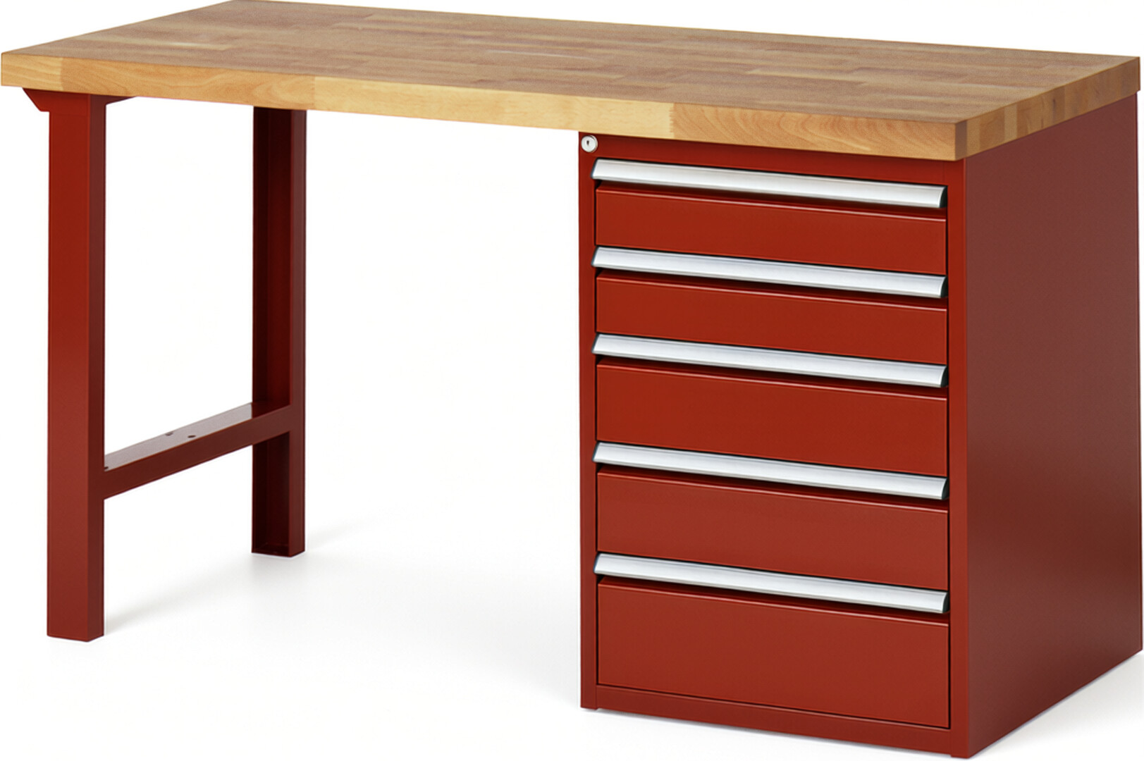 Werkbank Modell 7513 rot, BxTxH 1500x700x890 mm,  Buche-Massiv Arbeitsplatte 40 mm,  5 Schubladen mit  Auszug 90 %