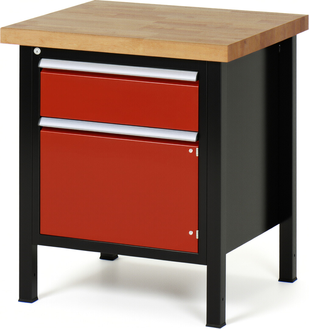 RAU Werkbank schwarz - rot - Breite 75 cm - Tiefe 70 cm - Höhe 104 cm - Buche-Massiv Arbeitsplatte 40 mm