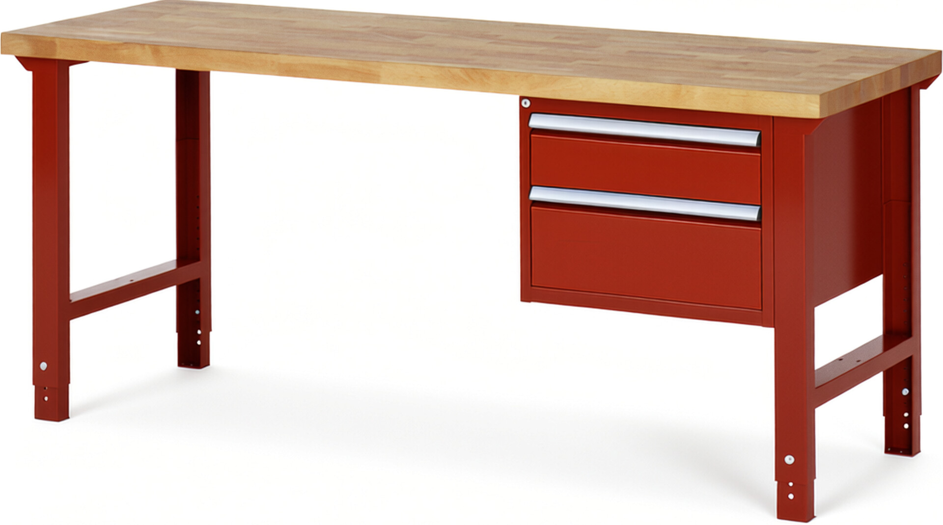 Werkbank Modell 7123 rot, BxTxH 2000x700x790-1140 mm,  Buche-Massiv Arbeitsplatte 40 mm,  2 Schubladen mit  Auszug 90 %