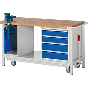 Werkbank mit absenkb. Fahrgest., Breite 150 cm, Tiefe 70 cm, Höhe 88 cm, 5 Schublade(n), Platte: Buche-Riegel