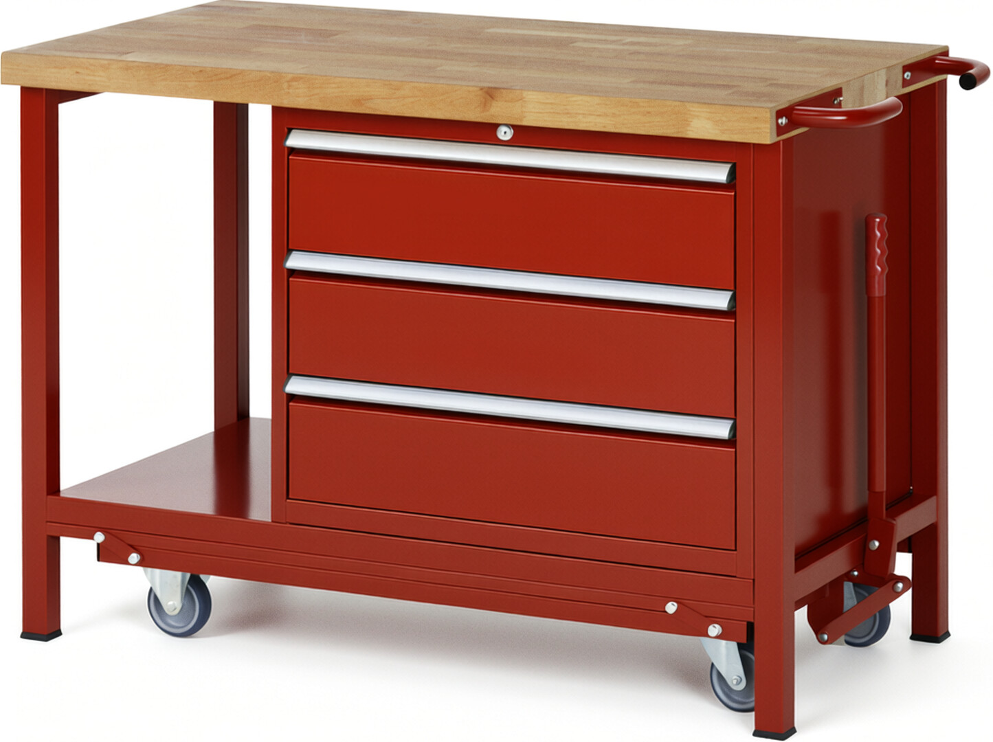 Absenkbare Werkbank Modell 8257 rot, BxTxH 1250x700x880 mm,  Buche-Massiv Arbeitsplatte 40 mm,  3 Schubladen mit  Auszug 90 %