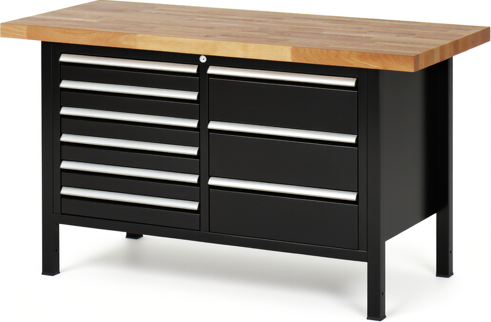 Werkbank Modell 8479 schwarz, BxTxH 1500x700x840-1040 mm,  Buche-Massiv Arbeitsplatte 40 mm,  9 Schubladen mit  Auszug 90 %