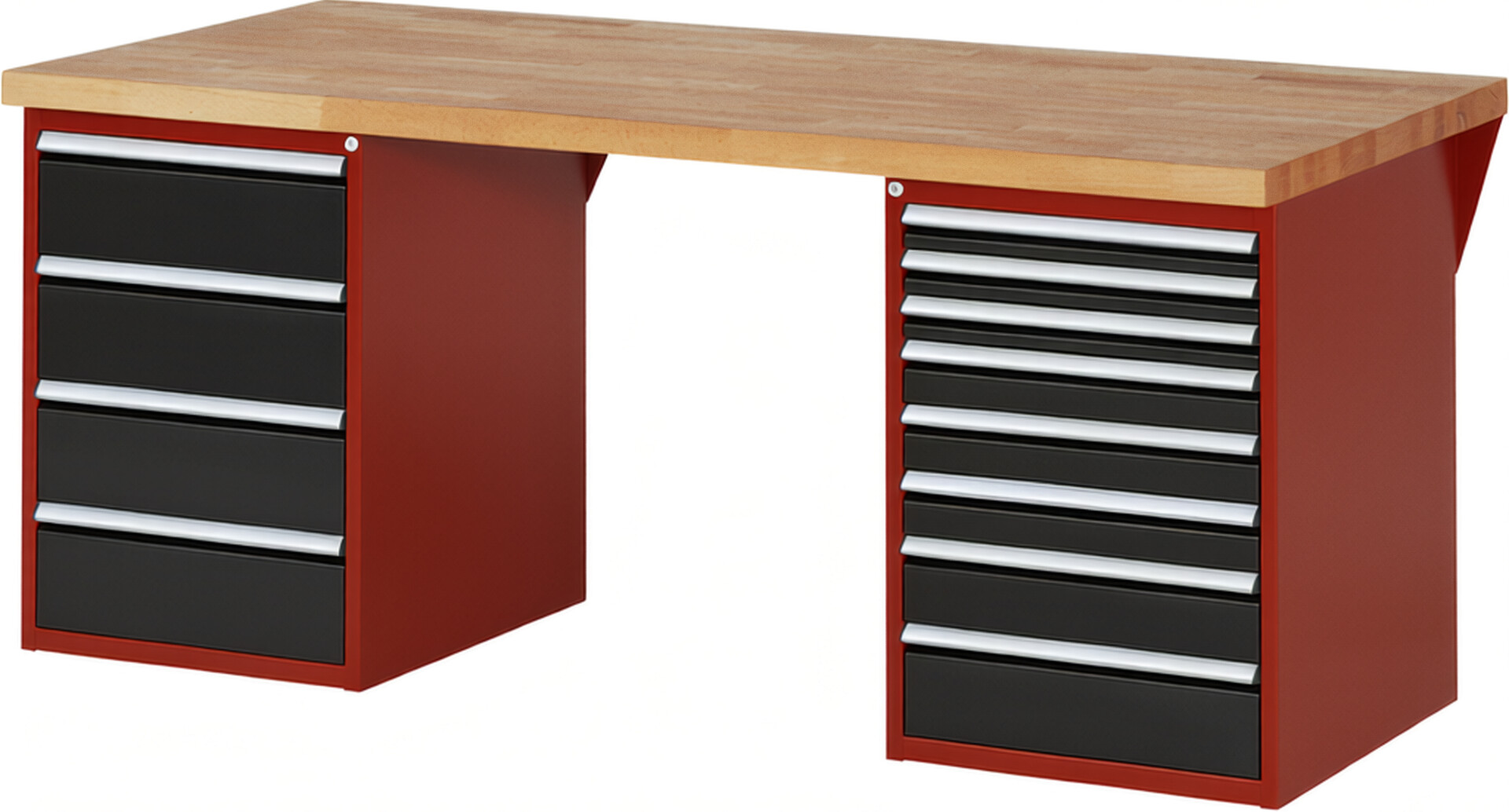 Werkbank Modell 7822 rot - schwarz, BxTxH 2000x900x890 mm,  Buche-Massiv Arbeitsplatte 40 mm,  12 Schubladen mit  Vollauszug 100 % und  SoftClosing