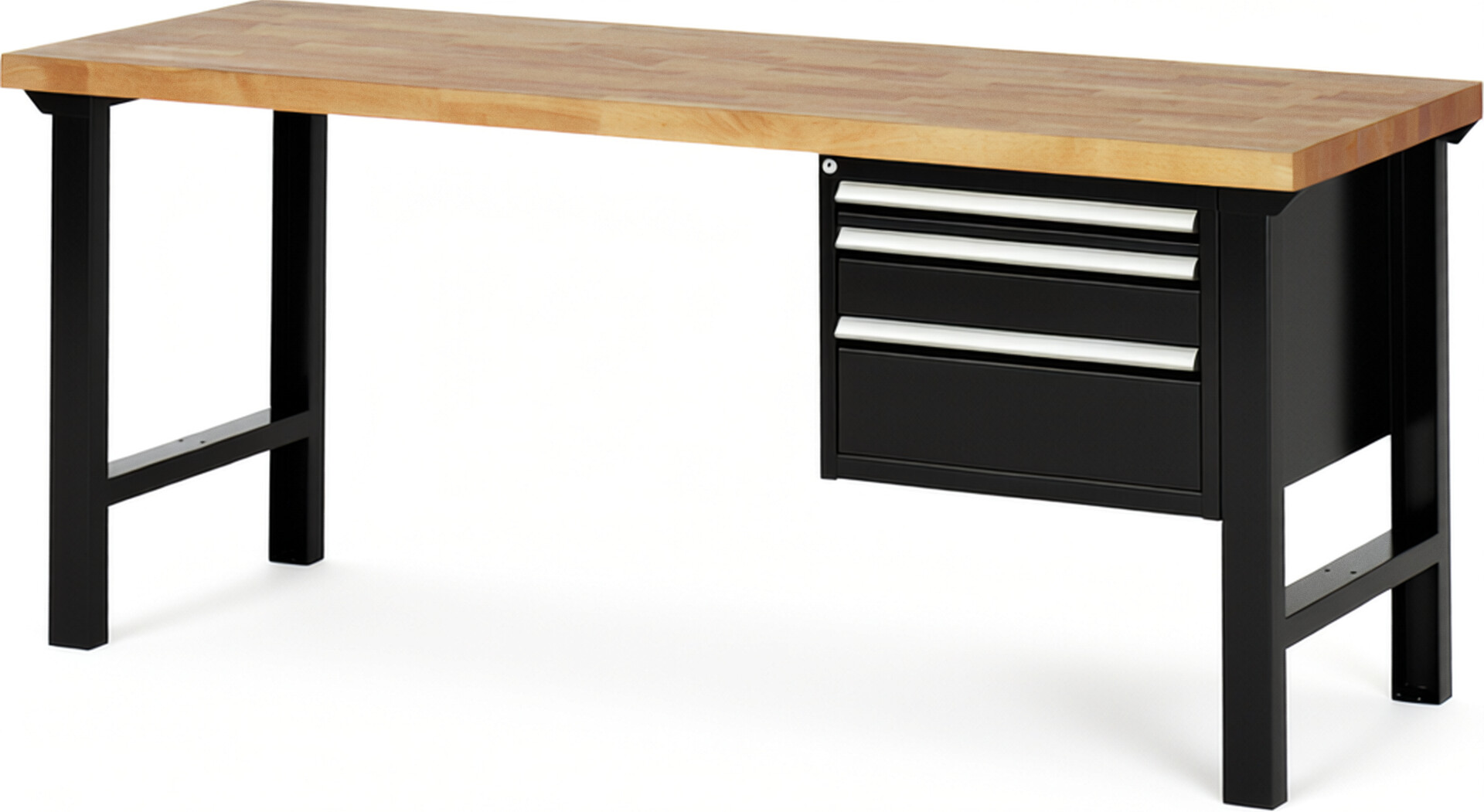 Werkbank Modell 7126 schwarz, BxTxH 2000x700x840 mm,  Buche-Massiv Arbeitsplatte 40 mm,  3 Schubladen mit  Vollauszug 100 % und  SoftClosing