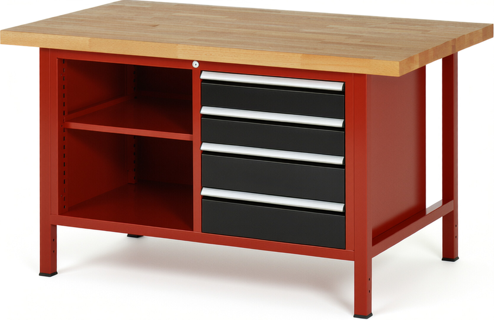 Werkbank Modell 8463 rot - schwarz, BxTxH 1500x900x840-1040 mm,  Buche-Massiv Arbeitsplatte 40 mm,  4 Schubladen mit  Auszug 90 %