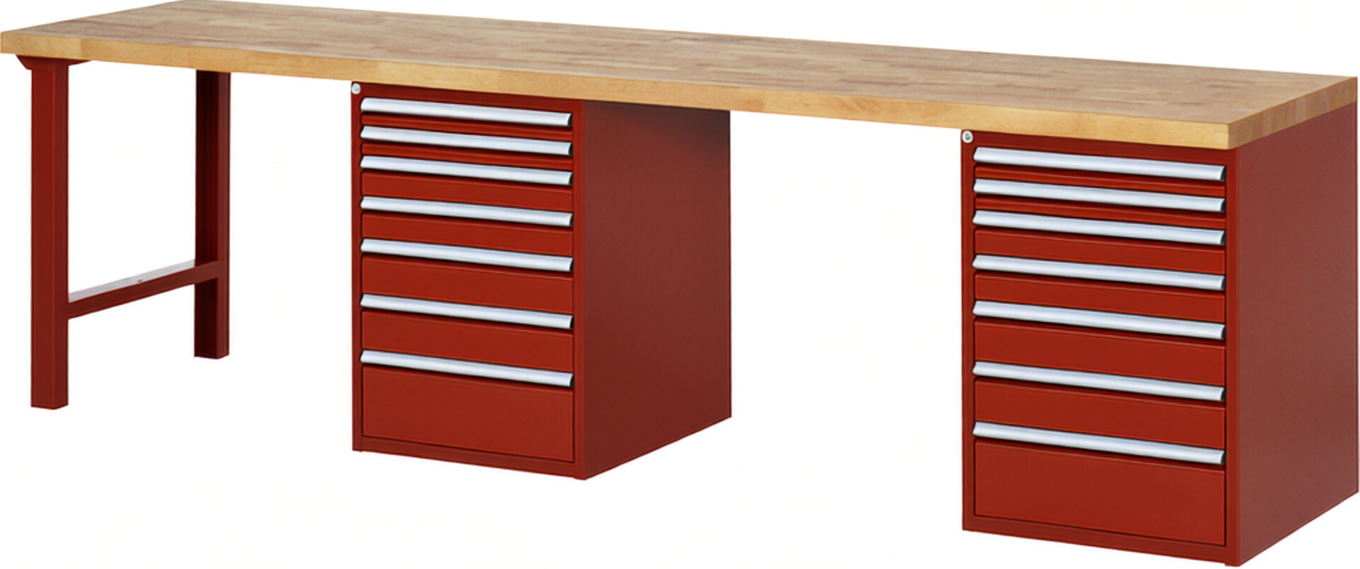 Werkbank Modell 7517 rot, BxTxH 3000x700x840 mm,  Buche-Massiv Arbeitsplatte 40 mm,  14 Schubladen mit  Auszug 90 %