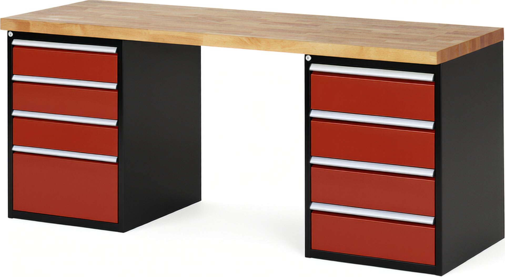 RAU Werkbank schwarz - rot - Breite 200 cm - Tiefe 70 cm - Höhe 89 cm - Buche-Massiv Arbeitsplatte 40 mm