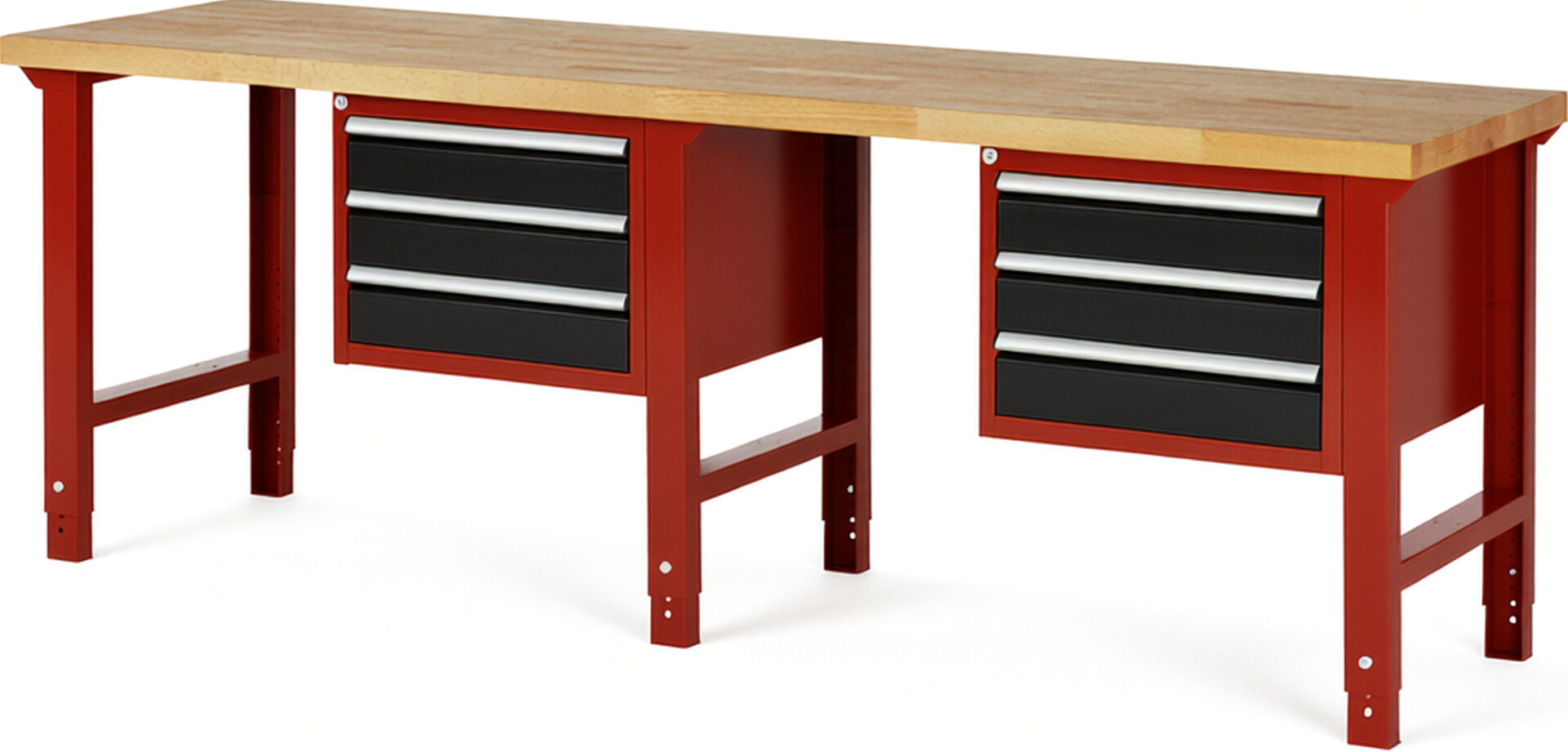Werkbank Modell 7127 rot - schwarz, BxTxH 2500x700x790-1140 mm,  Buche-Massiv Arbeitsplatte 40 mm,  6 Schubladen mit  Auszug 90 %