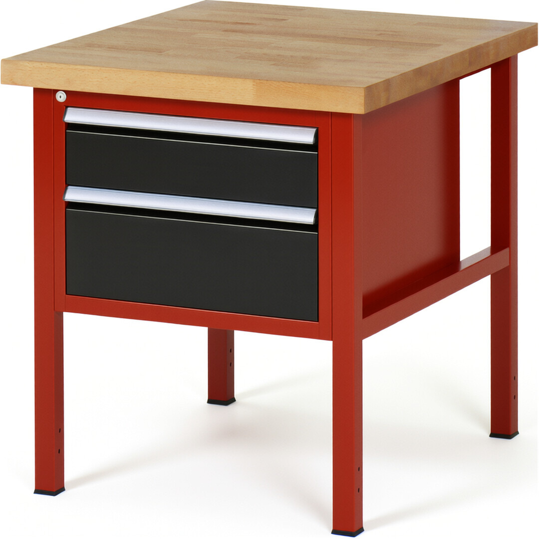 Werkbank Modell 8123 rot - schwarz, BxTxH 750x900x840-1040 mm,  Buche-Massiv Arbeitsplatte 40 mm,  2 Schubladen mit  Auszug 90 %