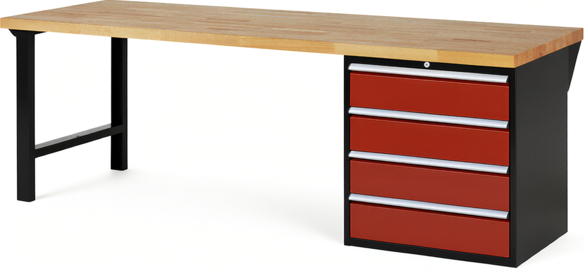 RAU Werkbank schwarz - rot - Breite 250 cm - Tiefe 90 cm - Höhe 89 cm - Buche-Massiv Arbeitsplatte 40 mm