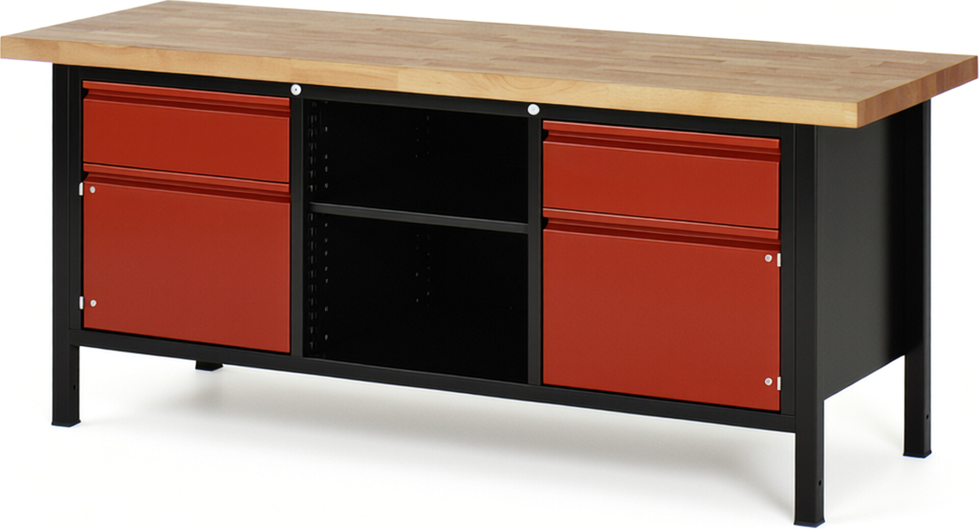 Werkbank schwarz - rot, Breite 200 cm, Tiefe 70 cm, Höhe 84 cm, 2 Schublade(n), Platte: Buche-Massiv-Arbeitsplatte