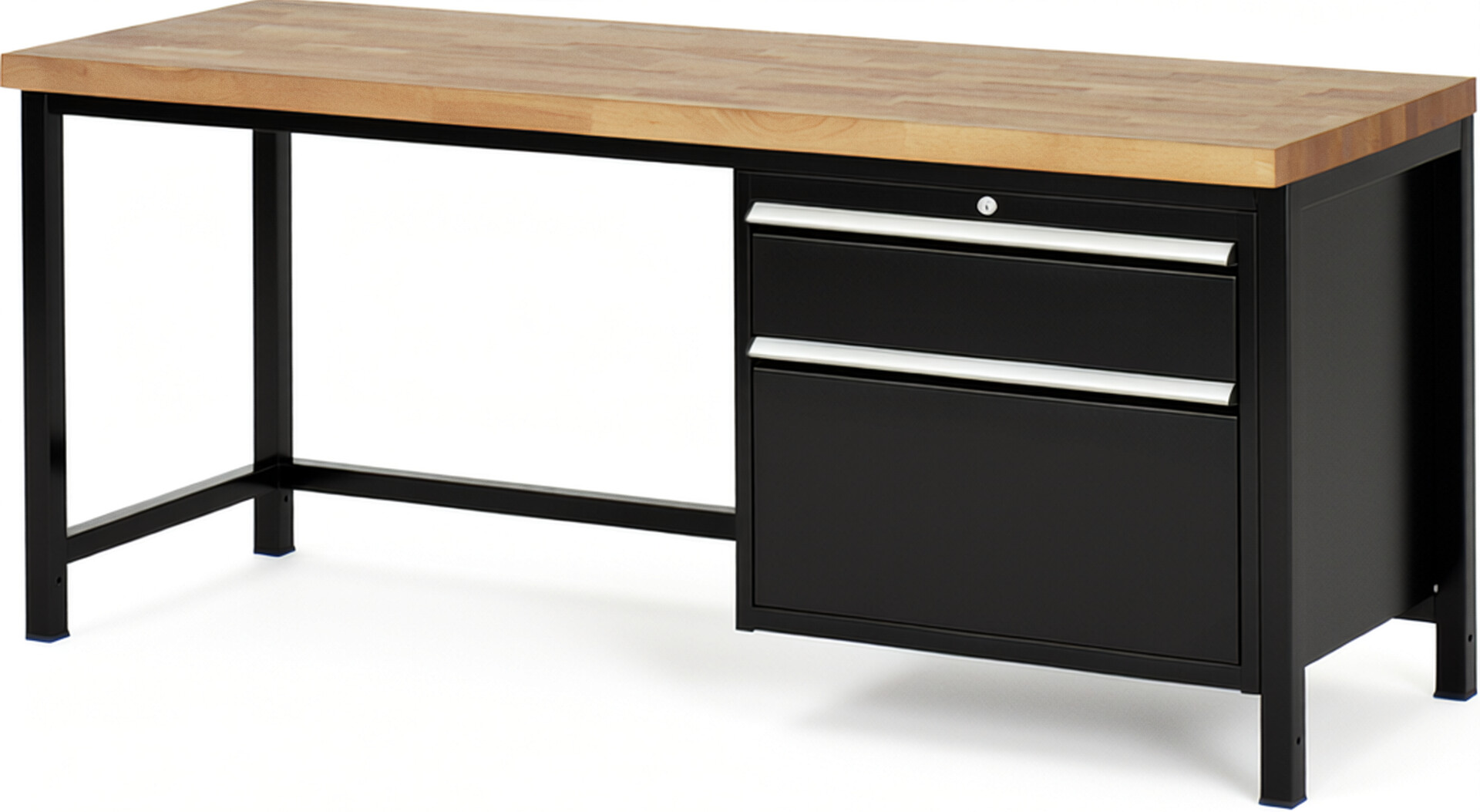 Werkbank Modell 8256 schwarz, BxTxH 2000x700x840 mm,  Buche-Massiv Arbeitsplatte 40 mm,  2 Schubladen mit  Auszug 90 %