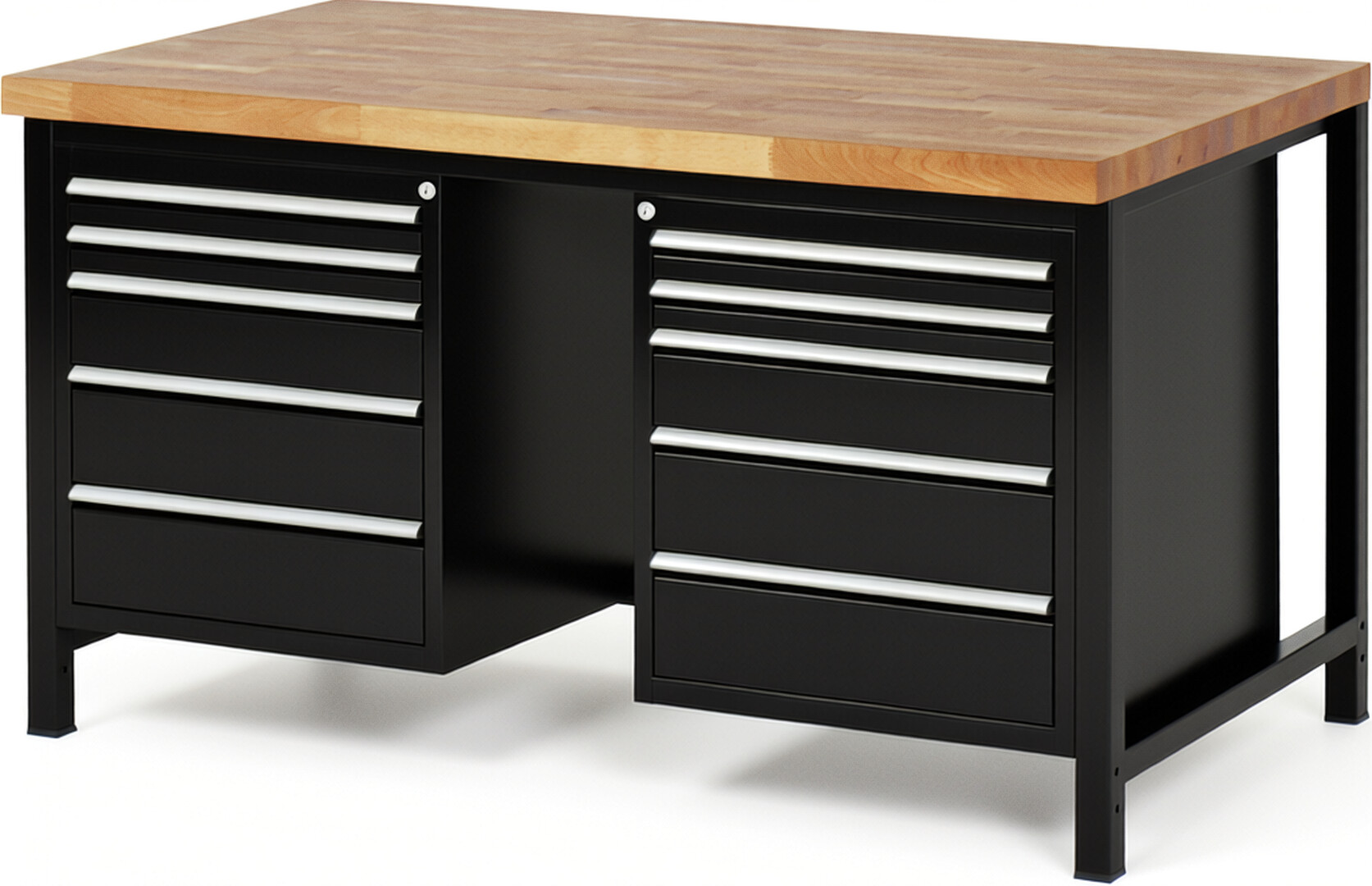 Werkbank Modell 8184 schwarz, BxTxH 1500x900x840-1040 mm,  Buche-Massiv Arbeitsplatte 40 mm,  10 Schubladen mit  Vollauszug 100 % und  SoftClosing