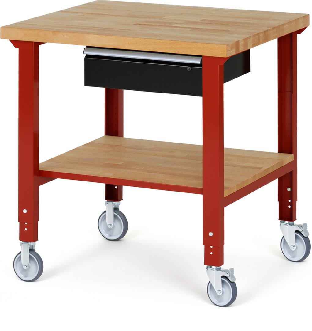Fahrbare Werkbank Modell 7001 rot - schwarz, BxTxH 1000x900x950-1000 mm,  Buche-Massiv Arbeitsplatte 40 mm,  1 Schublade mit  Auszug 90 %