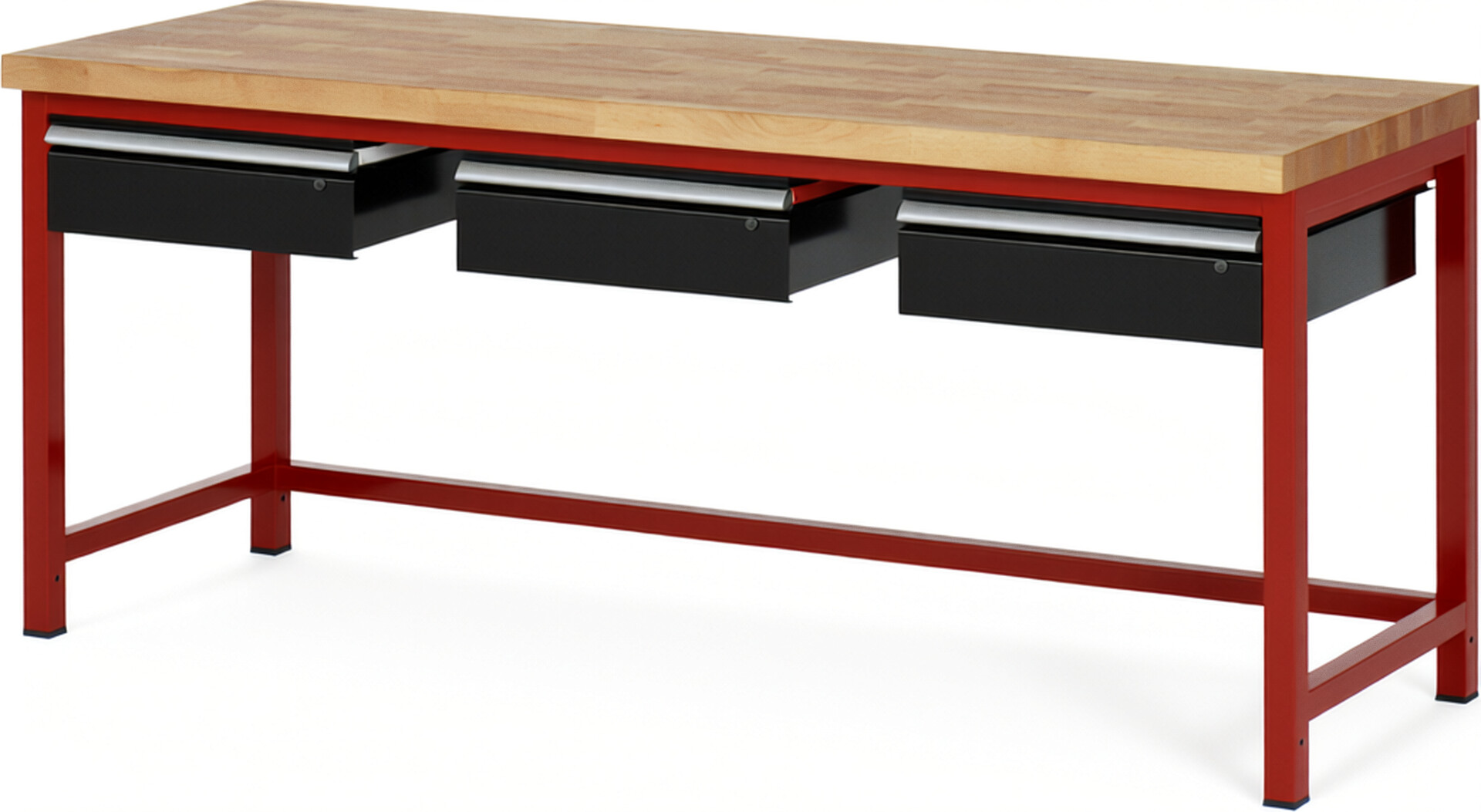 Werkbank Modell 8003 rot - schwarz, BxTxH 2000x700x840 mm,  Buche-Massiv Arbeitsplatte 40 mm,  3 Schubladen mit  Auszug 90 %