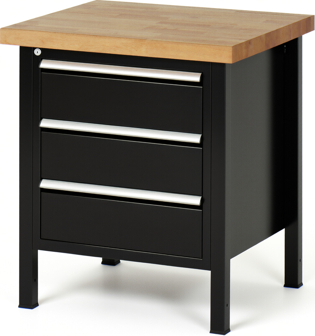 Werkbank Modell 8157 schwarz, BxTxH 750x700x840 mm,  Buche-Massiv Arbeitsplatte 40 mm,  3 Schubladen mit  Vollauszug 100 % und  SoftClosing