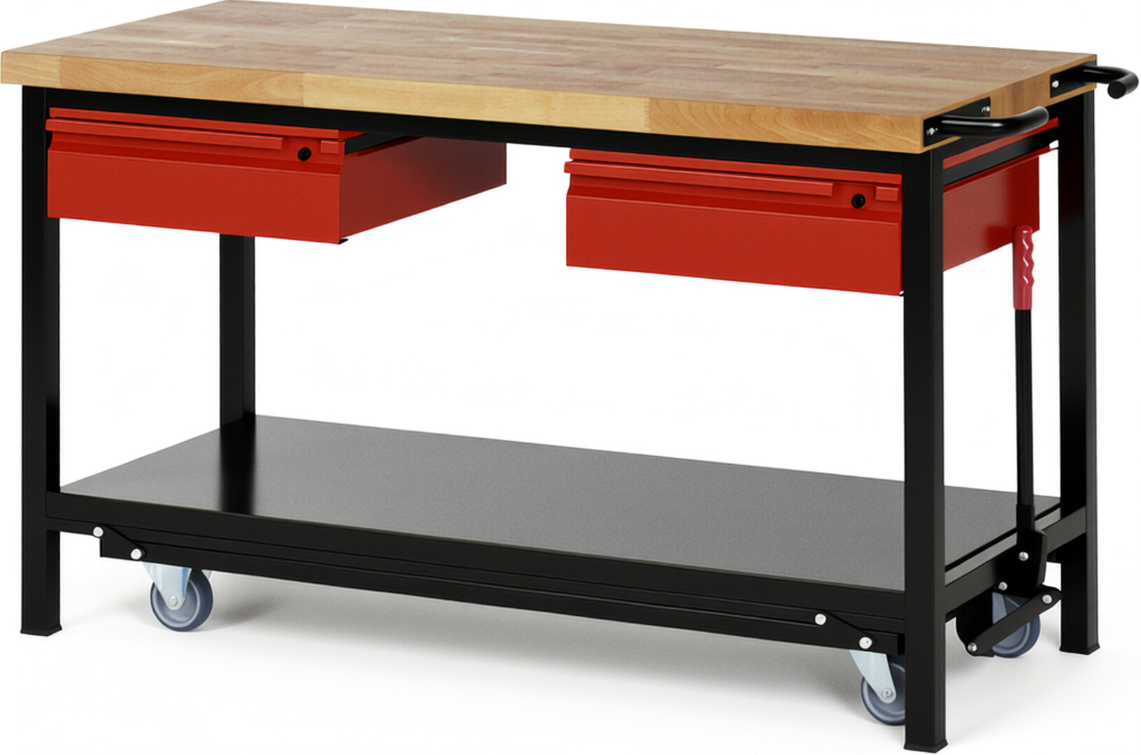 RAU Werkbank schwarz - rot - Breite 150 cm - Tiefe 70 cm - Höhe 88 cm - Buche-Massiv Arbeitsplatte 40 mm