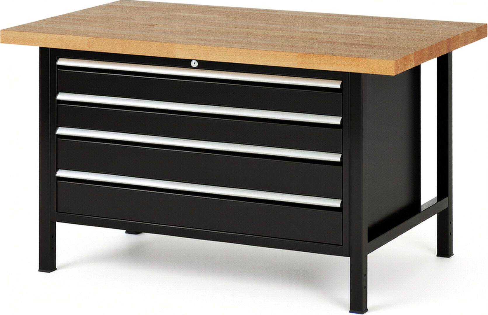 Werkbank Modell 8362 schwarz, BxTxH 1500x900x840-1040 mm,  Buche-Massiv Arbeitsplatte 40 mm,  4 Schubladen mit  Vollauszug 100 % und  SoftClosing