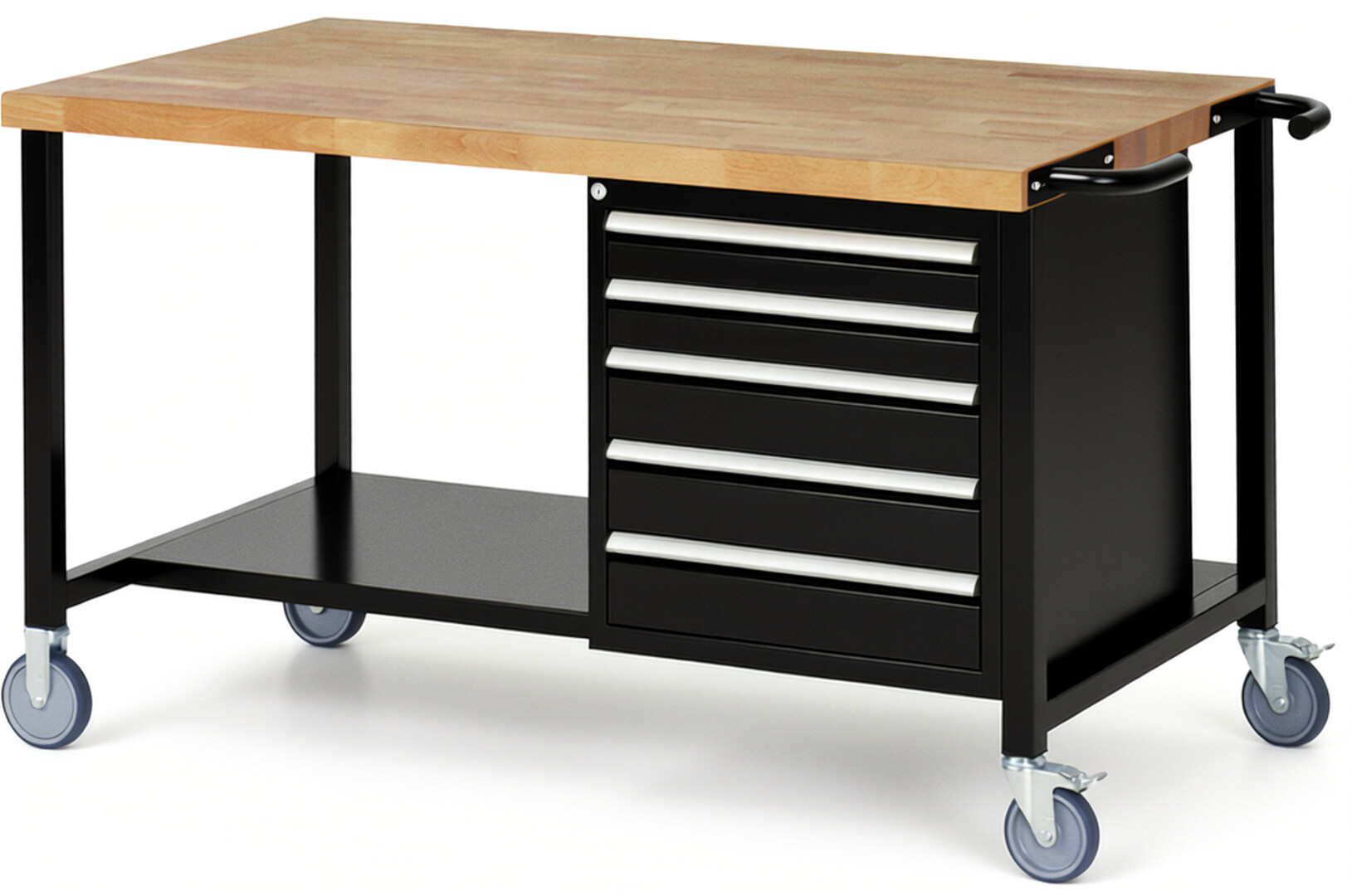 Fahrbare Werkbank Modell 8171 schwarz, BxTxH 1500x900x880 mm,  Buche-Massiv Arbeitsplatte 40 mm,  5 Schubladen mit  Vollauszug 100 % und  SoftClosing