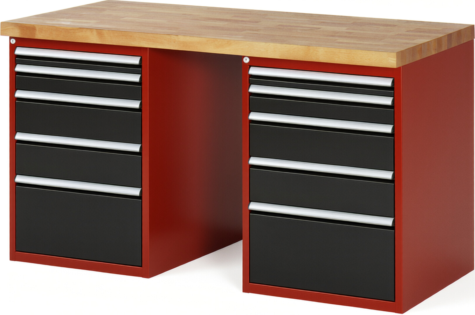 Werkbank Modell 7511 rot - schwarz, BxTxH 1500x700x890 mm,  Buche-Massiv Arbeitsplatte 40 mm,  10 Schubladen mit  Vollauszug 100 % und  SoftClosing