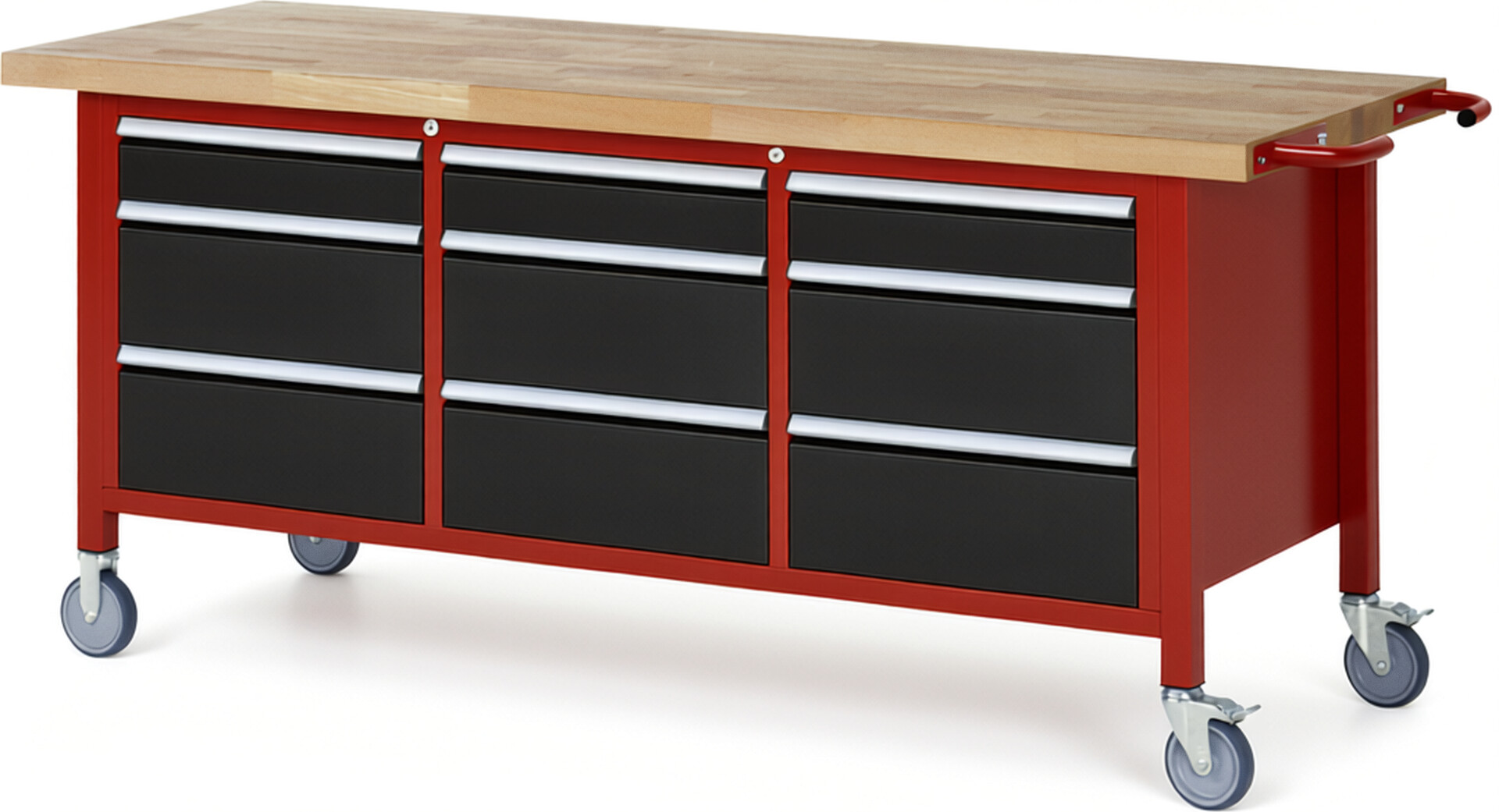 Fahrbare Werkbank Modell 8573 rot - schwarz, BxTxH 2000x700x880 mm,  Buche-Massiv Arbeitsplatte 40 mm,  9 Schubladen mit  Auszug 90 %