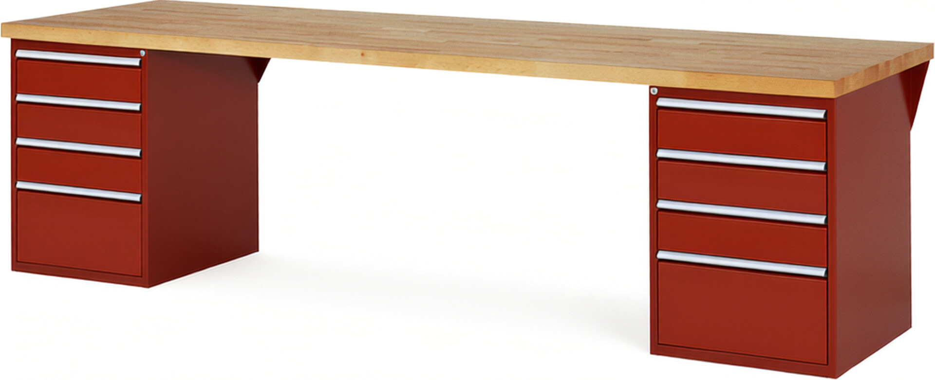 Werkbank Modell 7510 rot, BxTxH 3000x900x890 mm,  Buche-Massiv Arbeitsplatte 40 mm,  8 Schubladen mit  Auszug 90 %